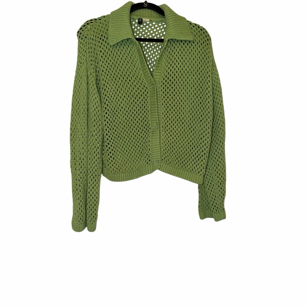 H&M Light Green Open-Knit Cotton Blend Button Down Cardigan